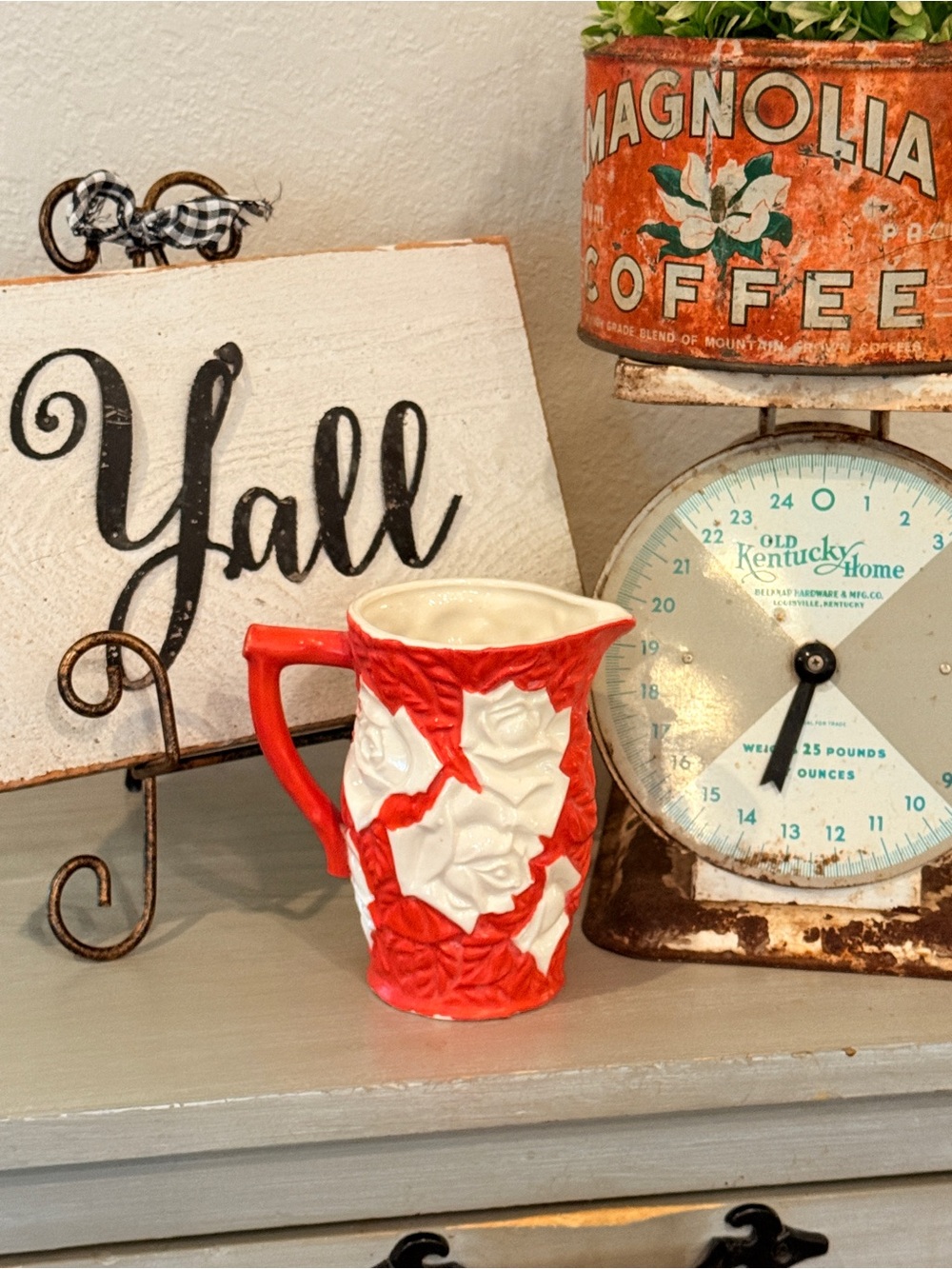 Rare Royal Trico Japan Ceramic Pitcher – Red & Cream Rose Relief, 1950s - Picture 6 of 14